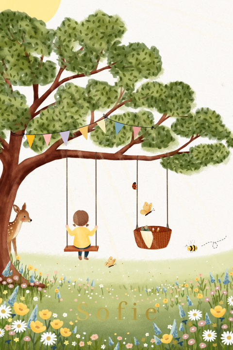 Lente kaartje met schommels, grote zus en foliedruk