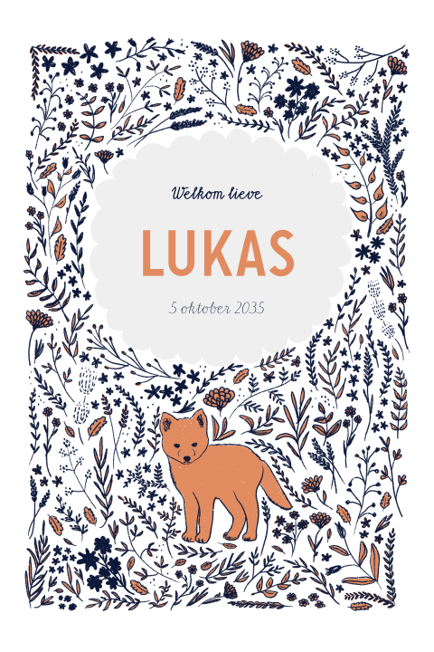 Handgetekend geboortekaartje met een vosje takjes en blaadjes