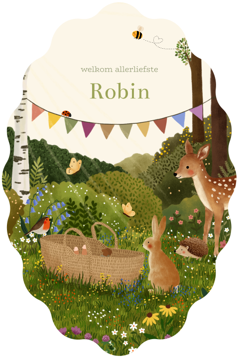 Ovalen kaartje met bomen, slingers, dieren en een baby'tje
