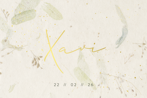 Liggend geboortekaartje met blaadjes-papier-look en goudfolie