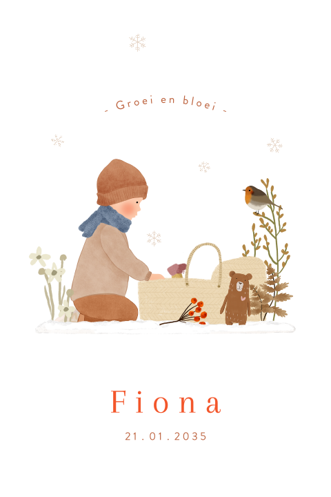 Winters geboortekaartje met een reiswiegje, sneeuw en een grote broer
