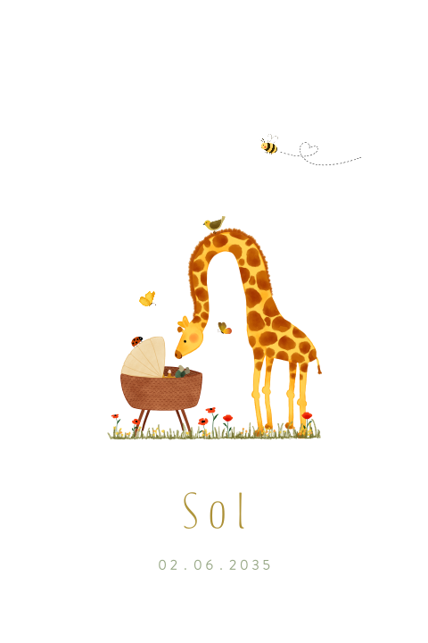 Boog stanskaartje met goudfolie, een wiegje, bloemen en een giraf