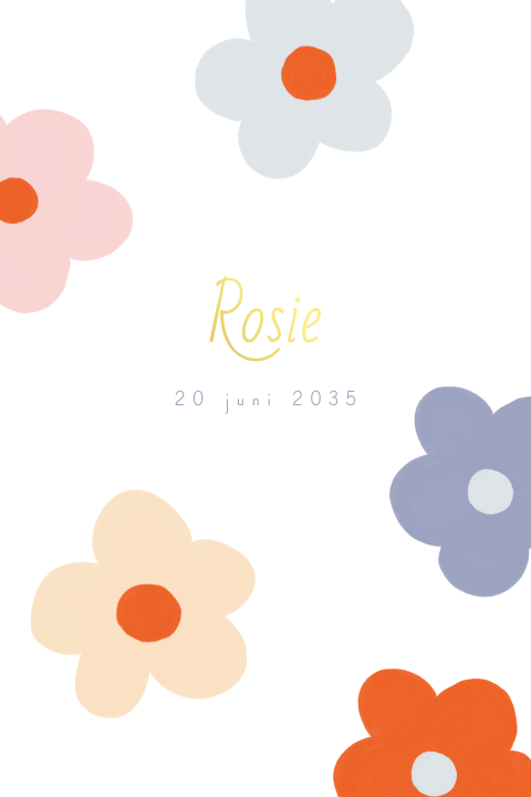 Vrolijk geboortekaartje met grote gekleurde bloemen