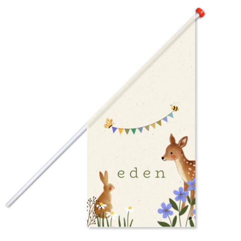 Geboortevlag met hertje, konijn, bloemen en slingers