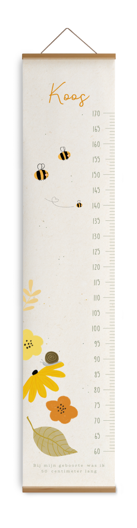 Groeimeter met bloemen, een slakje en bijtjes
