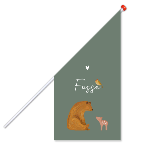Donkergroene kioskvlag met een beer, hertje en vogel