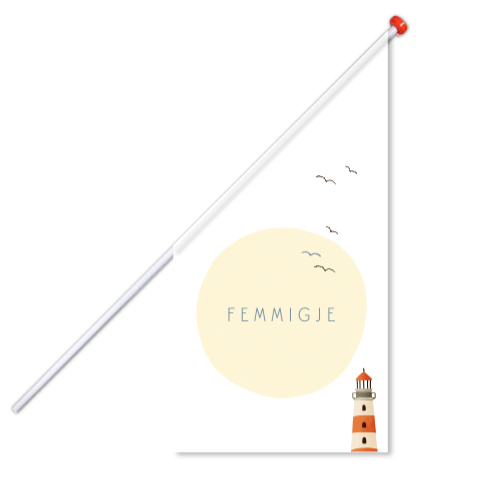 Geboortevlag met de zon, vogels en een vuurtoren