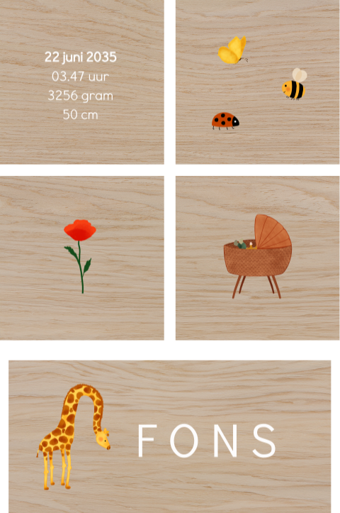 Houten blokken met kleine dieren, een girafje en een wiegje