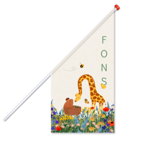Geboortevlag met een wiegje, giraf, vlinders en een bijtje