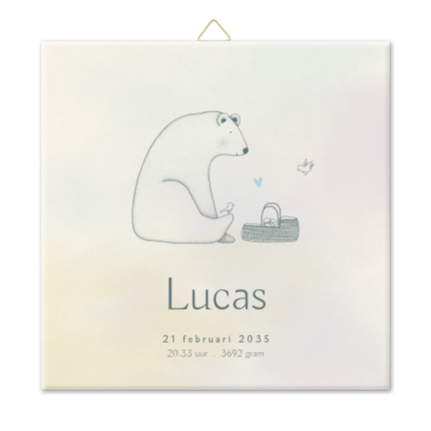 Geboortetegeltje met een beer, vogeltjes en een hartje