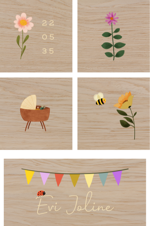 Houten geboorteblokken met bloemen en slingers