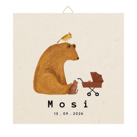 Tegeltje met een grote beer, kat, vogel en een kindje