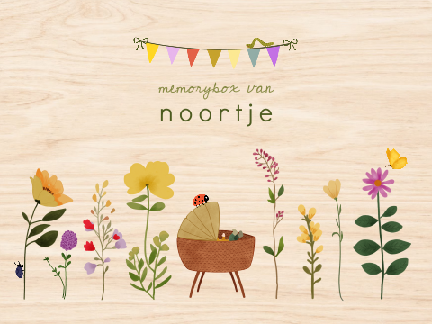 Memorybox met bloemen, een wiegje, slingers en dieren