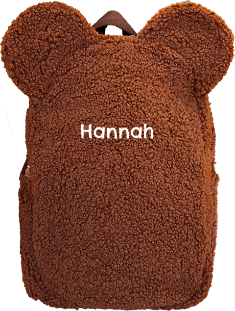 Roestbruin teddy rugtasje met oortjes, gepersonaliseerd met naam