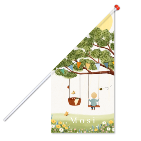Vrolijke geboortevlag met schommel en baby in een hangend wiegje