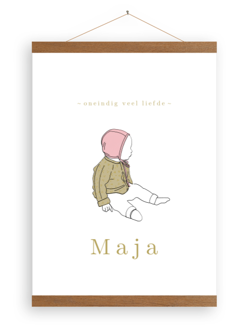 Canvasposter met een lijntekening van een zittend meisje