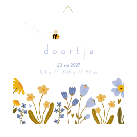 Geboortetegeltje met bloemen en een bijtje in blauw-gele kleuren