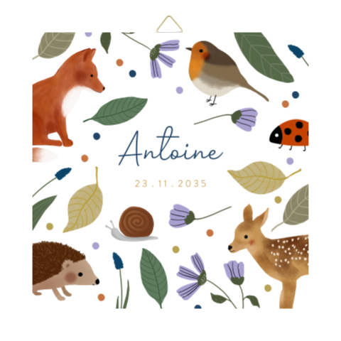 Geboortegeltje met bloemen, blaadjes en dieren