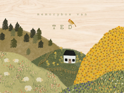 Memorybox met heuvels, bloemen en een vogeltje