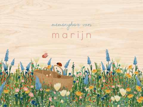 Memorybox met een bloemenveld en een baby in een mandje