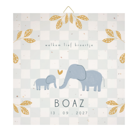Een geboortetegeltje met olifantjes en een ruitjes achtergrond