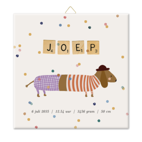 Geboortetegeltje met een vrolijke hond en confetti