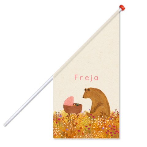 Vlag met een wiegje, beer en een kleurrijk Indian Summer bloemenveld