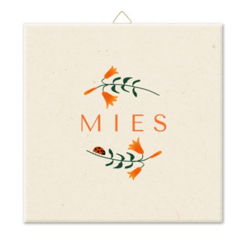 Geboortetegeltje met oranje bloemen en een lieveheersbeestje