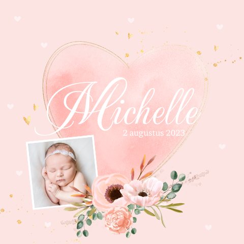 Romantisch geboortekaartje meisje met hart en bloemen roze