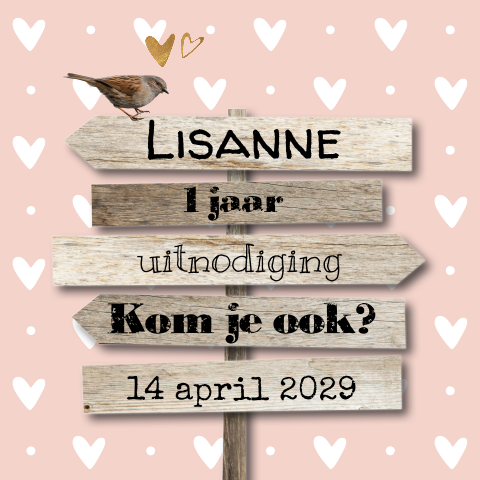 Lieve uitnodiging eerste verjaardag meisje met hartjes