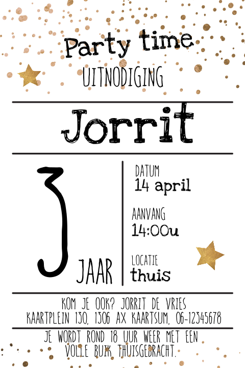Hippe confetti uitnodiging 3e verjaardag jongen