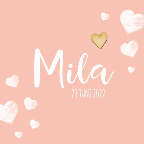 Hip en lief geboortekaartje meisje perzik met witte en houten hartjes