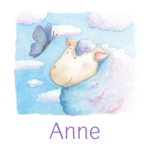 Blauw geboortekaartje met een schaap en vlinder en wolkjes