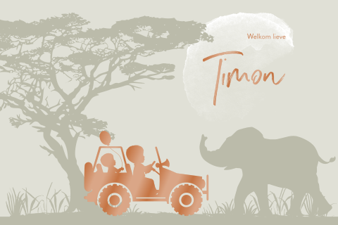 Stoer geboortekaartje met grote broer in een truck op safari