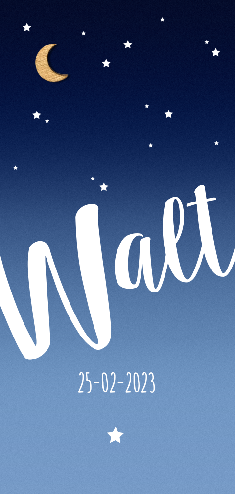 Langwerpig geboortekaartje jongen houten maan en sterren