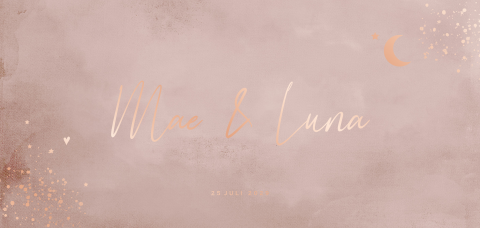 Roze maan ster geboortekaartje tweeling