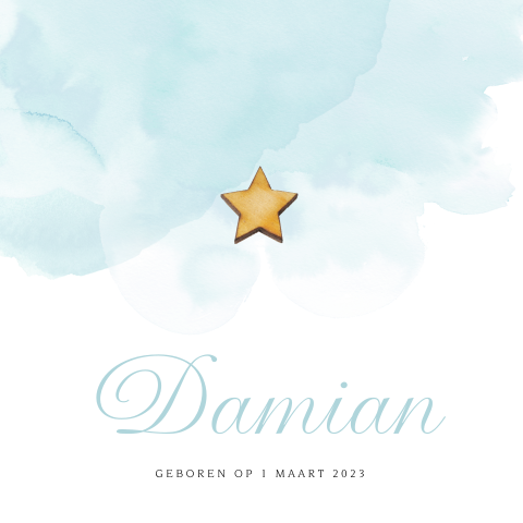 Hip geboortekaartje jongen met blauwe watercolor en houten ster