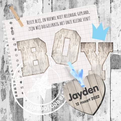Stoere geboortekaart met houten letters boy