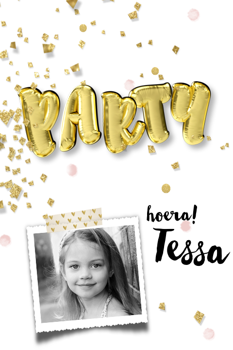 Hippe uitnodiging kinderfeestje meisje goudlook confetti
