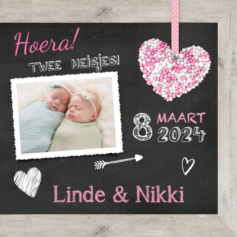 Stoer geboortekaartje tweeling meisjes foto