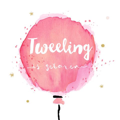 Tweeling geboortekaartje meisjes roze aquarel ballon