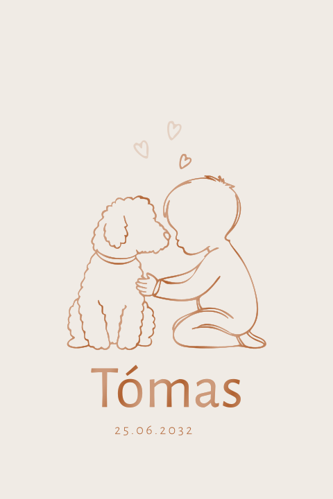 Schattig geboortekaartje met een jongen en zijn labradoodle