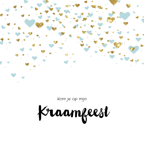 Kraam feest kaartje met blauw en goud look hartjes