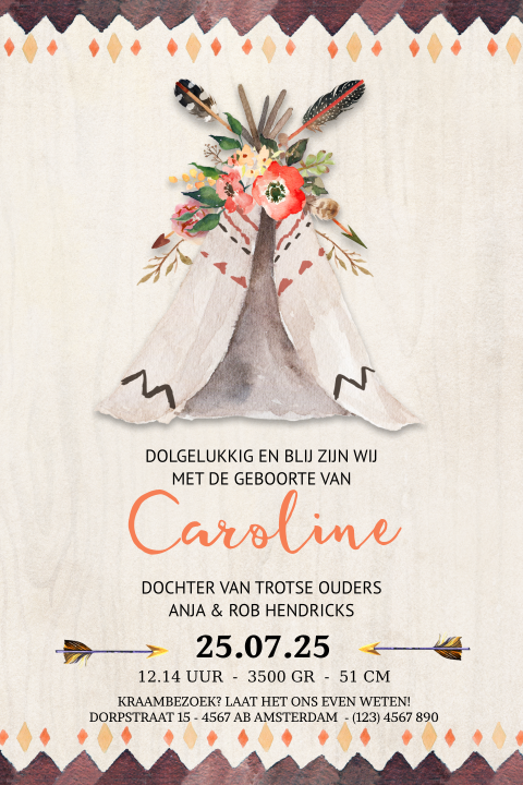 Geboortekaartje meisje bohemian licht hout met wigwam