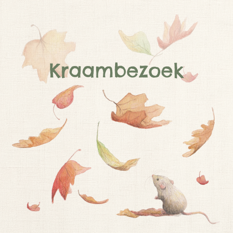 Een beige kraamborrelkaartje met blaadjes en een muis