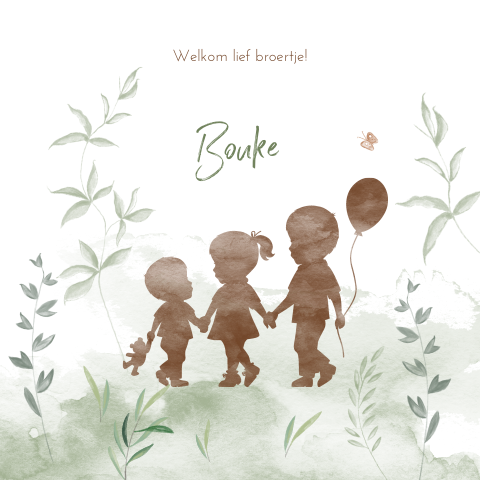 Watercolour geboortekaartje voor jongen met broertje en zusje in de natuur