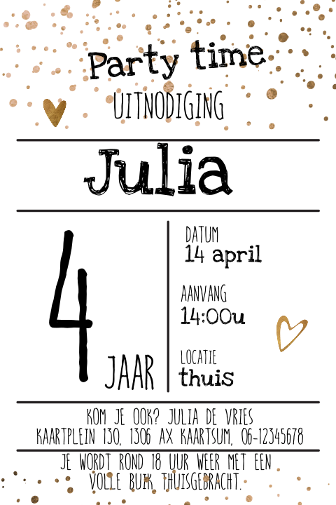 Hippe confetti uitnodiging 4e verjaardag meisje