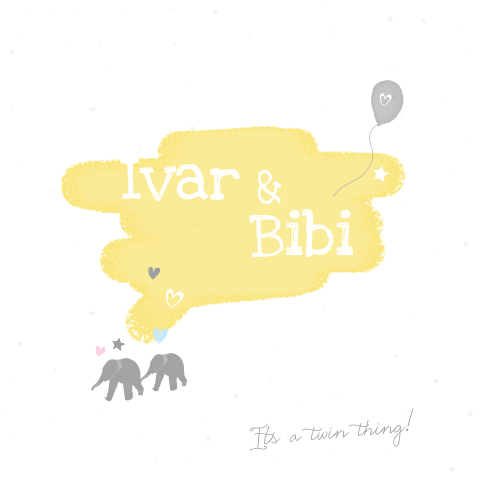 Jongen meisje tweeling geboortekaartje geel met olifanten