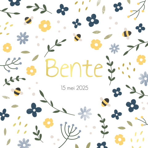 Lief geboortekaartje meisje bloemen in blauw en geel met foliedruk