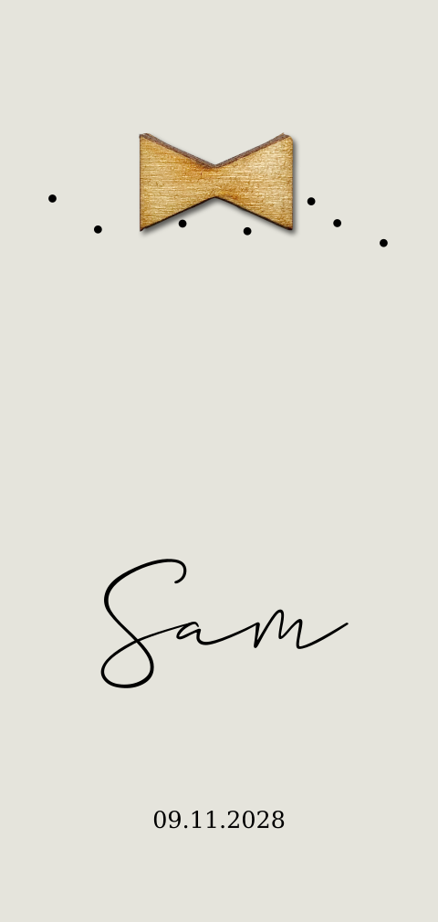 Beige geboortekaartje jongen met echt houten strikje